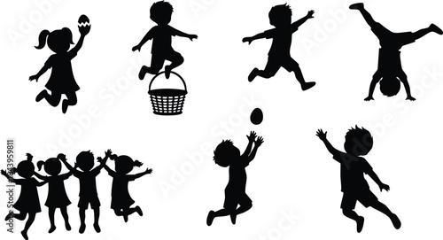 Silhouette vector group of playful children in action poses jumping running skipping holding hands doing cartwheel juggling ball above basket studio isolated high contrast playful mood