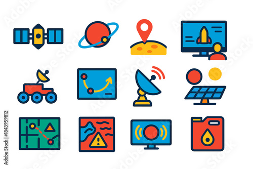 Astrobiology Mission Icons. Flat vector icons of astrobiology mission planning: satellite, orbital path, landing site, mission
