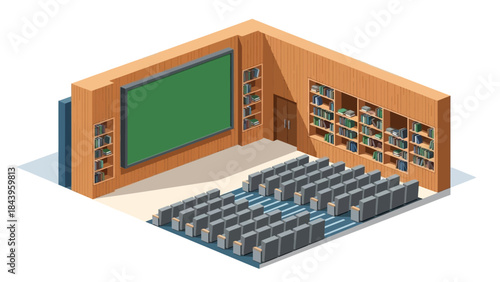 Modern educational space with wooden interior and seating in isometric design