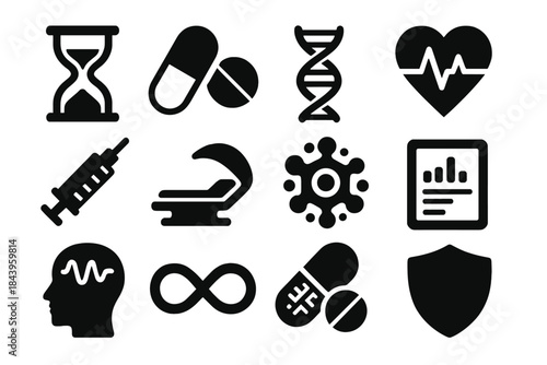 Life Extension Icons. Solid style icons of Life Extension: Hourglass, Medical Pill, Genetic Code, Heart Monitor, Serum Injection,