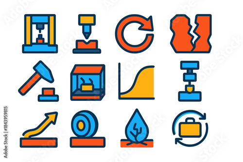 Colorful Testing Equipment Icons. Flat vector icons of testing materials: tensile test machine, hardness indenter, fatigue cycle