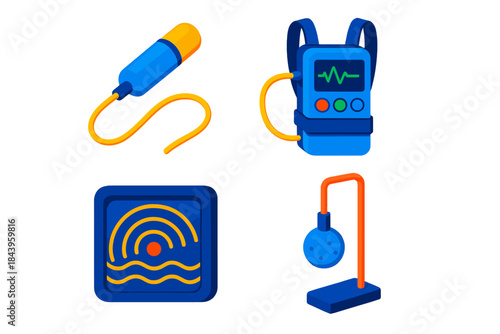 Underwater Sound Equipment. Isometric vector illustration set Underwater Sound Recording: Hydrophone cable, diving recorder pack,