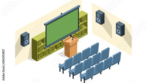 Isometric conference room with projection screen and seating arrangement for presentations