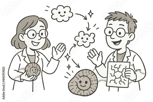 Fossil Protein Adventure. Friendly doodle fossil protein mapping with happy scientists, cartoon molecules bouncing, smiling fossil