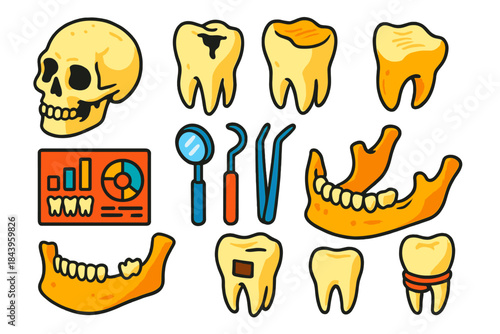 Ancient Dental Artifacts. Isometric vector illustration set Paleopathology of dental health: ancient dental specimens, cavities