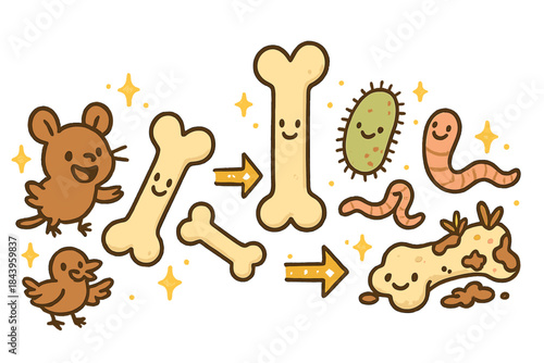 Ecological Transformation Doodles. Magical doodle succession timeline with cheerful scavengers, cartoon bones with faces, smiling