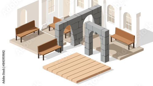 Historic building interior with stone archways and wooden benches in isometric design