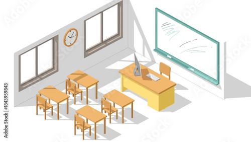 Isometric classroom design with desks and digital touchboard