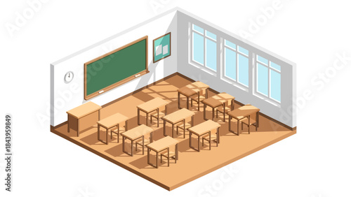 Isometric classroom with desks and chalkboard in sunlit room