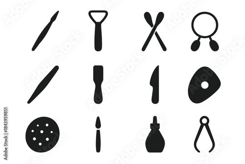 Pottery Tools Icons. Solid style icons of Pottery Tools: Needle Tool, Ribbon Tool, Loop Tool, Wire Cutter, Modeling Stick, Paddle,