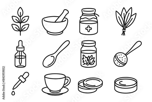 Herbal Icons Collection. Line style icons of Herbal Preparation: Herb, Mortar and Pestle, Remedy, Folk Practice; Tincture Bottle,