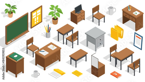 Isometric classroom furniture set with desks, chairs, and accessories for modern educational spaces