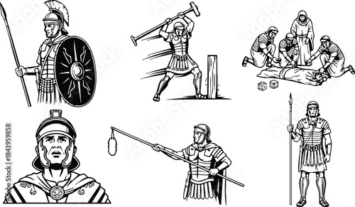 Line art roman legionary and centurion illustrated set showing shield spear helmet close up full body standing frontal pose profile view battle stance marching group guarding