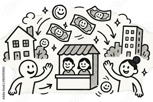 Doodle Currency Hub. Playful doodle community remittance hub with smiling clerks, cartoon coins and bills bouncing, cheerful