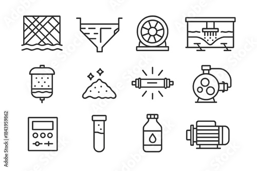 Water Treatment Icons. Line style icons of water treatment: filter screen, settling tank, aeration blower, sludge scraper; sand