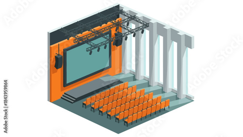 Isometric auditorium design with modern stage and seating arrangement