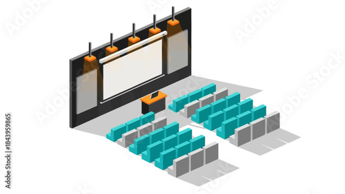 Isometric conference room with projector screen and seating arrangement