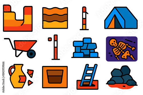 Archaeology Icons Set. Flat vector icons of Excavation Sites: trench section, layered soil profile, rope boundary grid, tent