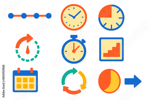 Time Measurement Icons. Flat vector icons of time measurement visualization: timeline, clock hands, hour markers, segmented dial,