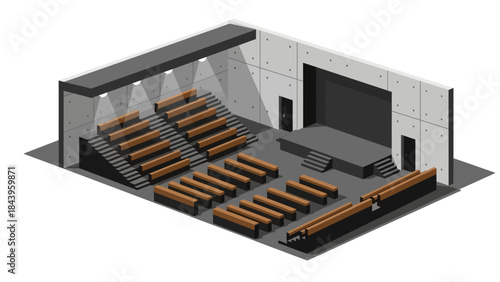 Modern isometric auditorium with stage and seating