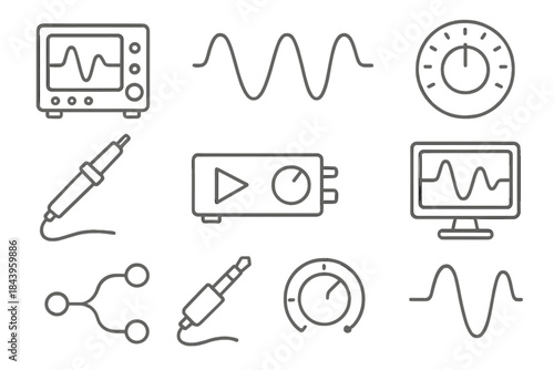 Cybernetic Icon Set. Line style icons of cybernetics: oscilloscope, wave pattern, control dial, frequency knob; sensor probe,