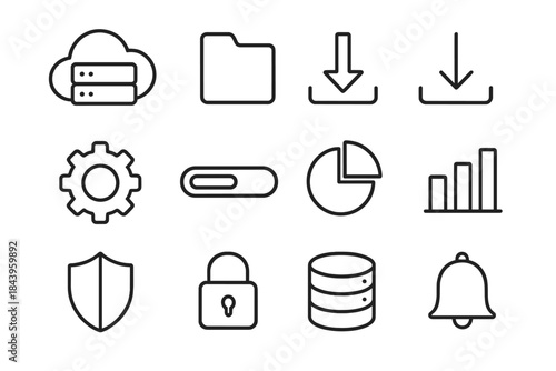 Digital Workflow Icons. Line style icons of digital workflow: cloud server, folder, upload arrow, download arrow; settings gear,