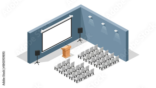 Isometric conference room setup with seating and projection screen