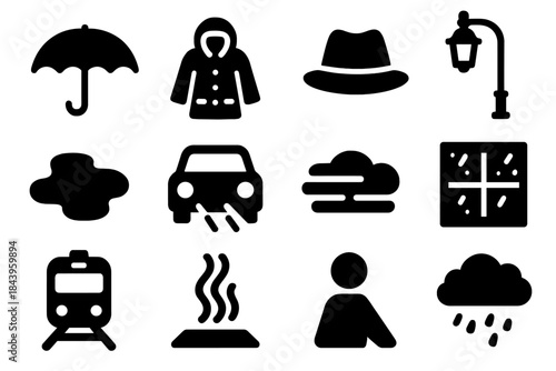 Rainy Night Icons. Solid style icons of Rainy Atmosphere: Umbrella, Coat, Hat, Streetlamp, Puddle, Car Lights, Fog, Dark Window,