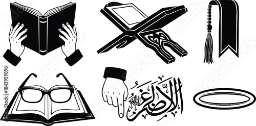 Line art close up set of black and white islamic book reading icons showing quran on stand open book hands pointing glasses bookmark prayer beads plate