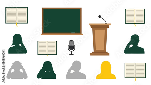 Educational elements set featuring classroom icons and public speaking items