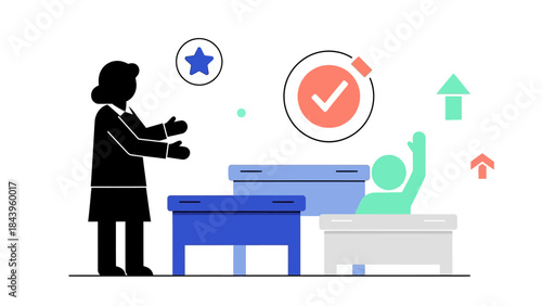 Teacher engaging with students in a minimalist classroom setting