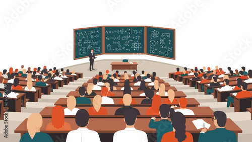 University lecture hall with diverse students engaged in learning