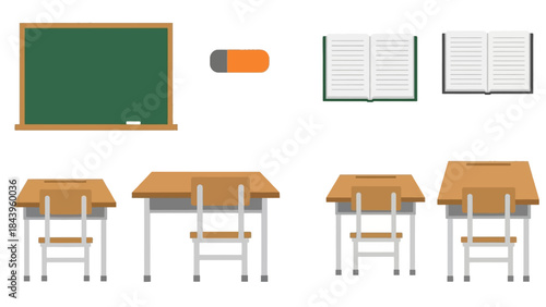 Classroom essentials set with chalkboard, desks, and open notebooks in flat design