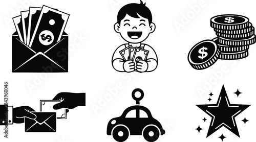 Flat design icon set six black glyph icons showing envelope with cash smiling customer holding coins stack of coins hand giving envelope car key star reward