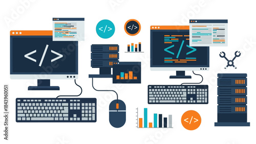 Coding workspace infographic with monitors and data charts for software development
