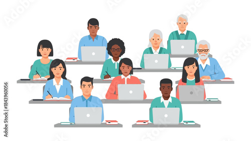 Diverse group of people working on laptops in classroom setting