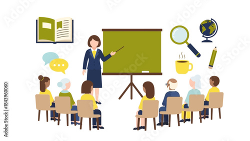 Flat design classroom training session with teacher and senior students