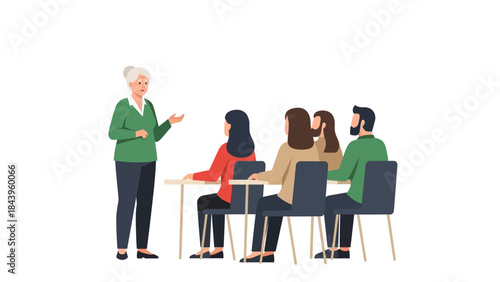 Elderly woman teaching group of young adults in class setting