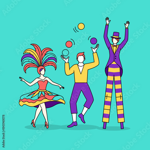 Brazilian carnival performers dancing and juggling for festival illustration and cultural entertainment design
