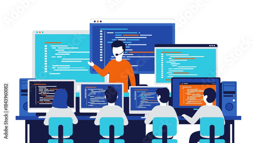 Collaborative coding workshop in modern office with multiple screens and developers