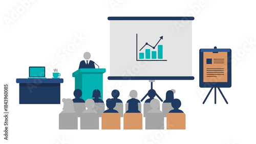 Business presentation with graph and audience in flat style