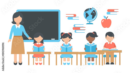 Flat style classroom scene with teacher and students learning together
