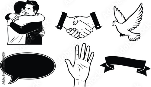 Flat line art icon set showing six monochrome icons two people hugging handshake dove speech bubble raised hand ribbon banner arranged in simple vector silhouette collection