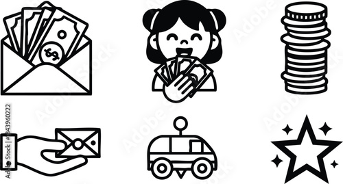 Line art icon set close up of woman holding cash smiling face envelope with bills stack of coins hand giving envelope taxi car star rating icons