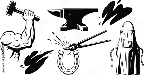 Tattoo flash close up muscular arm raising hammer striking horseshoe on anvil held with tongs next to leather apron in forge workshop bold monochrome retro stencil