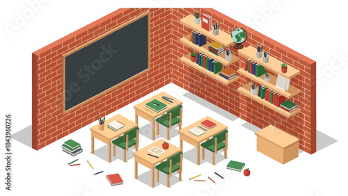 Isometric classroom with desks, books, and chalkboard in a brick setting