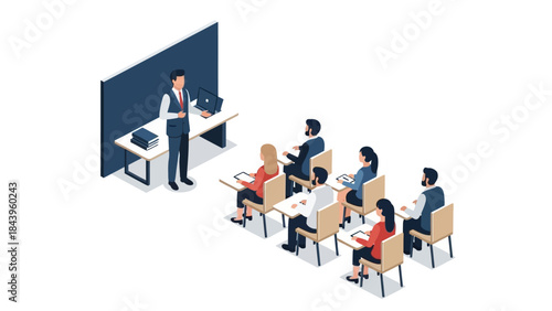 Isometric classroom scene with business presentation and engaged audience