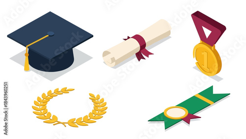 Graduation elements: cap, diploma, medal, laurel wreath in isometric design