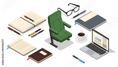 Isometric office workspace with chair, laptop, and stationery essentials