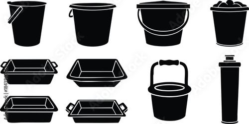 Flat icon set silhouette buckets pails food containers foam boxes shaker bottle top view assorted container shapes for packaging cleaning and food service vector icons minimal